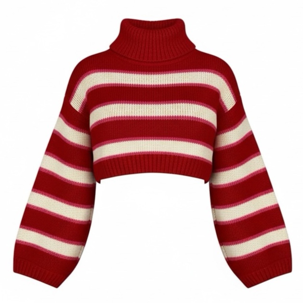 Altar’d State Red Cream Pink Striped Turtleneck Cropped Sweater Size Large